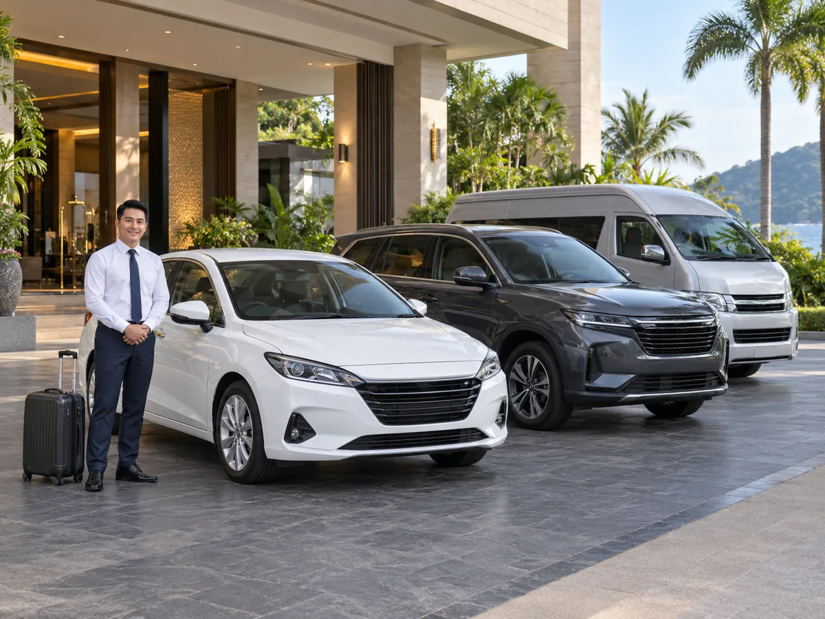 AI-generated illustration of a sedan, SUV and van for private travel with a driver